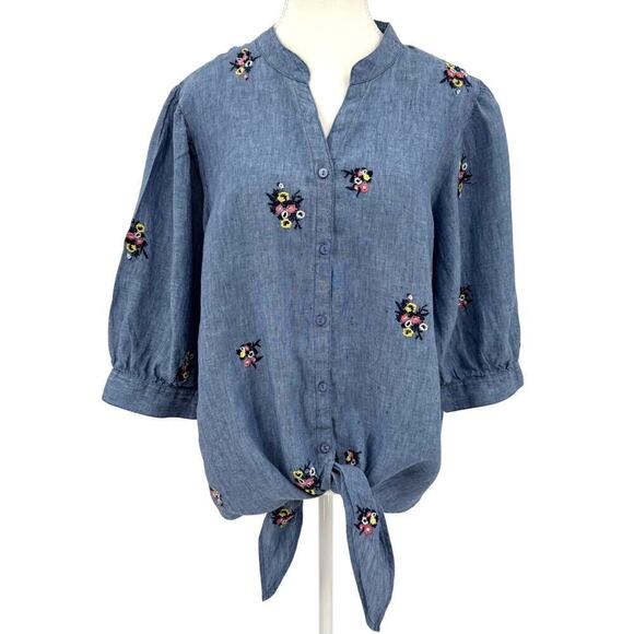 Charter Club Women’s Size XL 100% Linen 3/4 Tie Waist Blouse Floral Embroidery - Picture 3 of 12